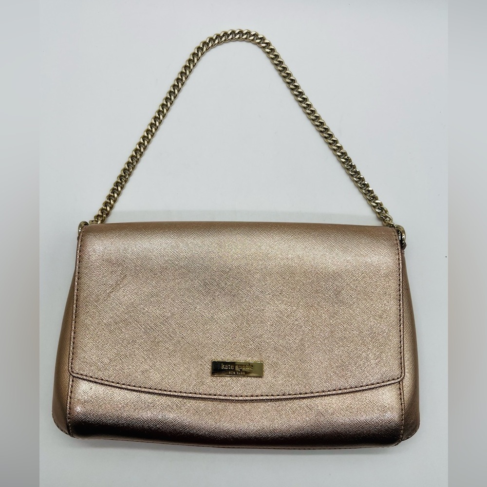 KATE SPADE ROSE GOLD METALLIC LEATHER HANDBAG WITH GOLD CHAIN STRAP